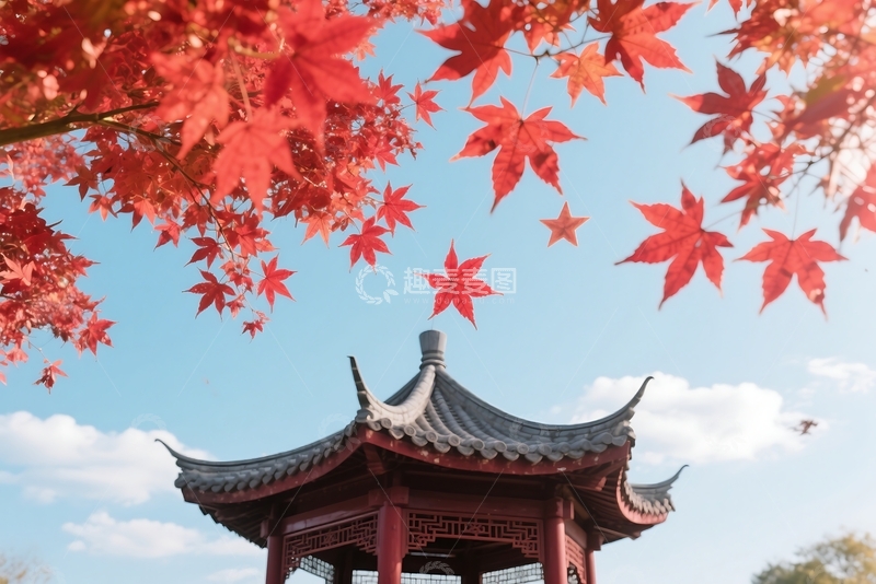 高清大图下载【趣麦麦图】公园里的古建筑和红枫叶 