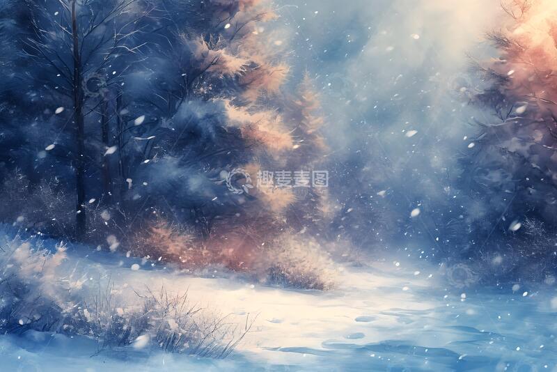 高清大图下载【趣麦麦图】冬季意境雪景水彩插画背景