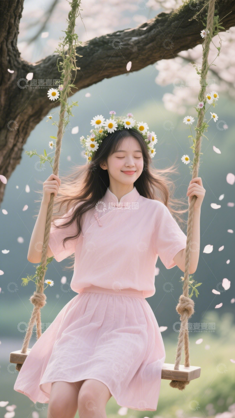 高清大图下载【趣麦麦图】森系国风秋千少女1