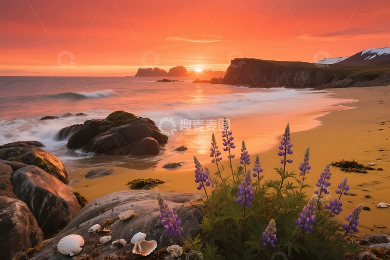 高清大图下载【趣麦麦图】冰岛海梅岛的羽扇豆岩石面 