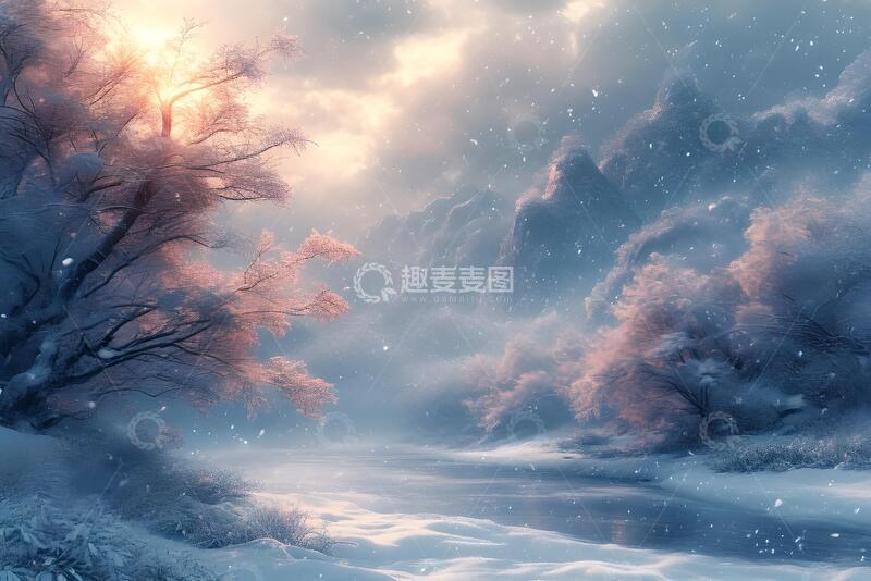 高清大图下载【趣麦麦图】冬季水墨雪景插画