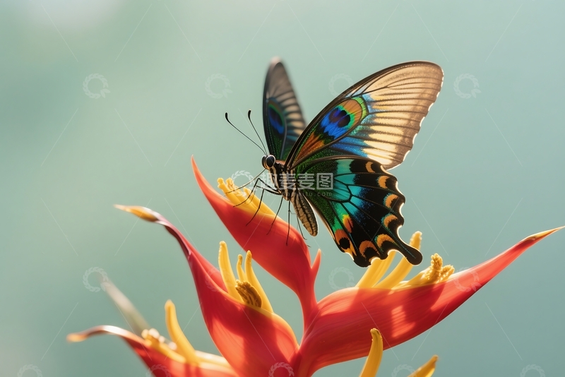 高清大图下载【趣麦麦图】凤尾花上的孔雀蝶 