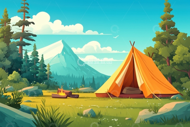 高清大图下载【趣麦麦图】手绘户外野营草地背景