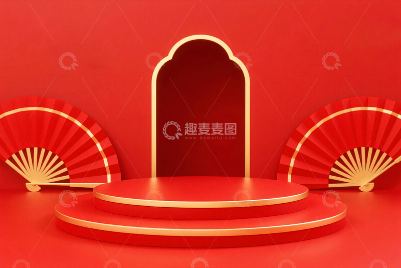高清大图下载【趣麦麦图】中式红色展台背景6