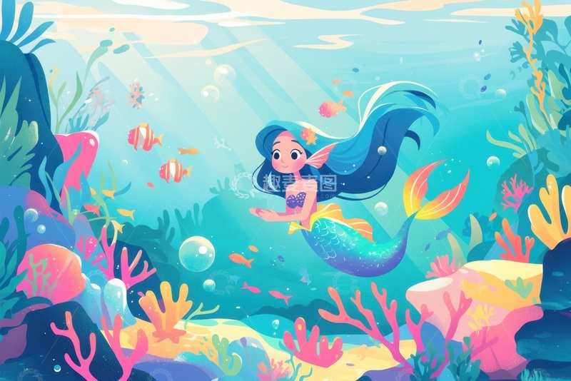 高清大图下载【趣麦麦图】手绘海底游泳的美人鱼