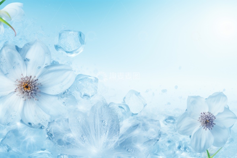 高清大图下载【趣麦麦图】鲜花冰块蓝色背景