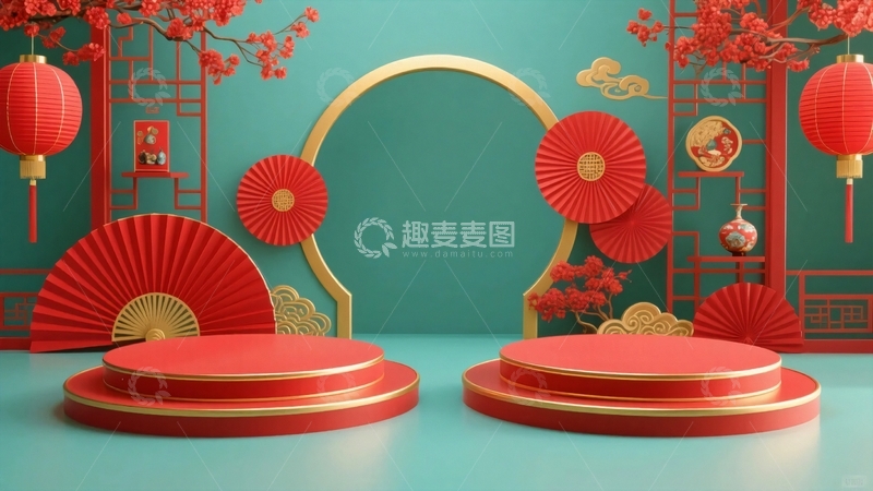 高清大图下载【趣麦麦图】中式红色展台背景5