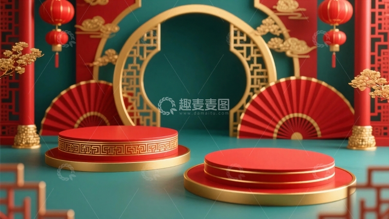 高清大图下载【趣麦麦图】中式红色展台背景4