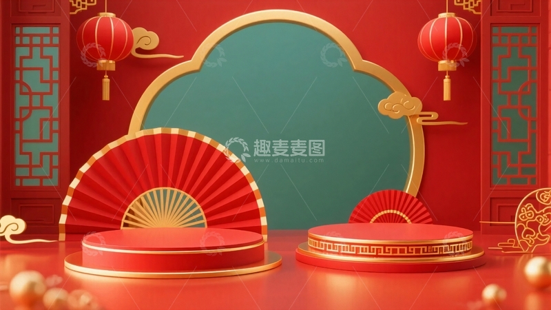 高清大图下载【趣麦麦图】中式红色展台背景1