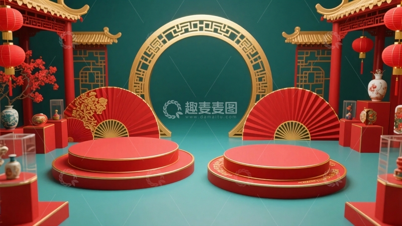 高清大图下载【趣麦麦图】中式红色展台背景2