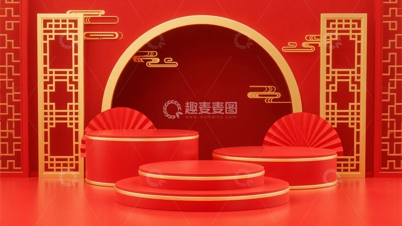 高清大图下载【趣麦麦图】中式红色展台背景3