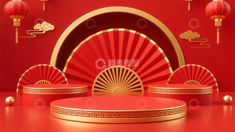 高清大图下载【趣麦麦图】中式红色展台背景