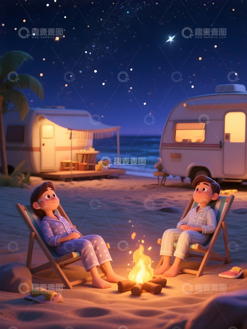 高清大图下载【趣麦麦图】3d卡通露营篝火情侣朋友3