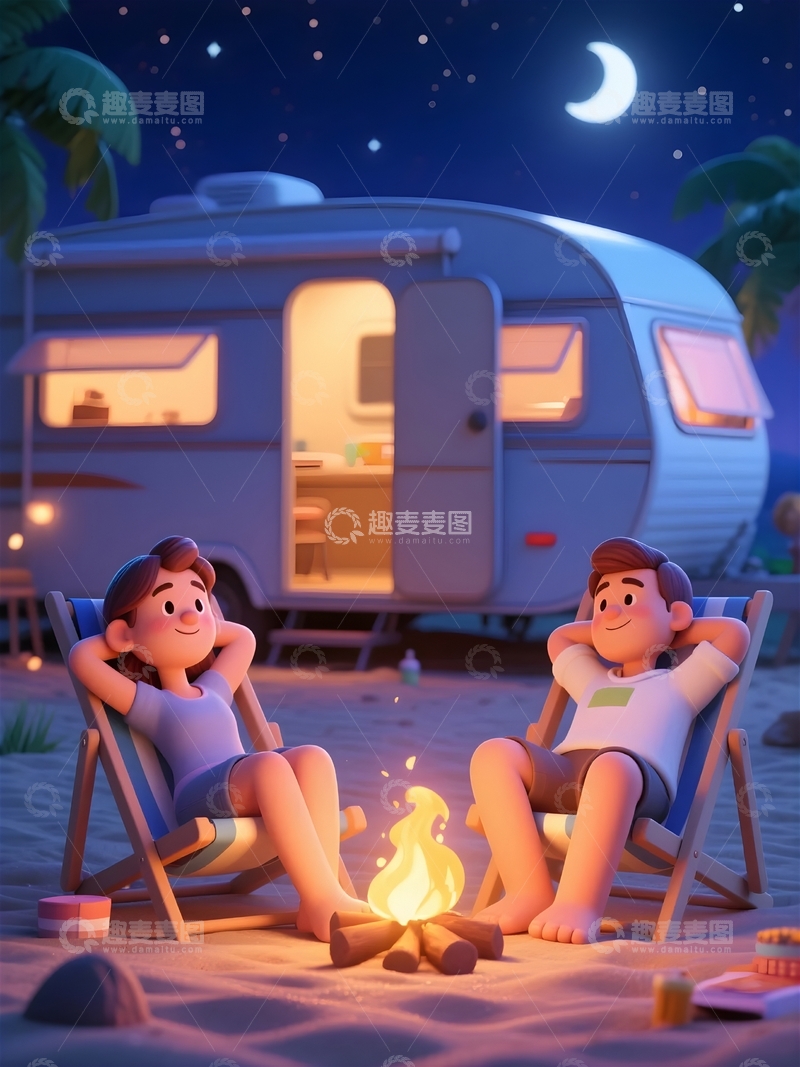 高清大图下载【趣麦麦图】3d卡通露营篝火情侣朋友4