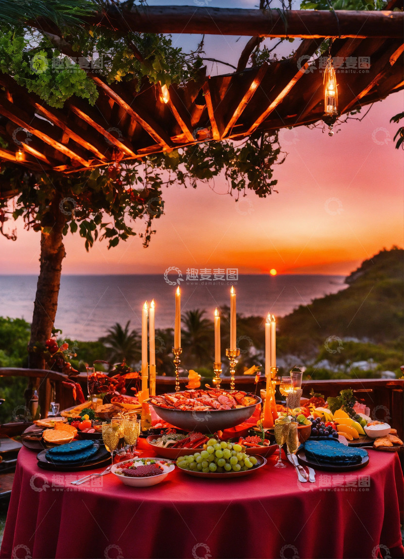 高清大图下载【趣麦麦图】热带岛屿野餐烤肉龙虾鱼子酱AI插画素材4