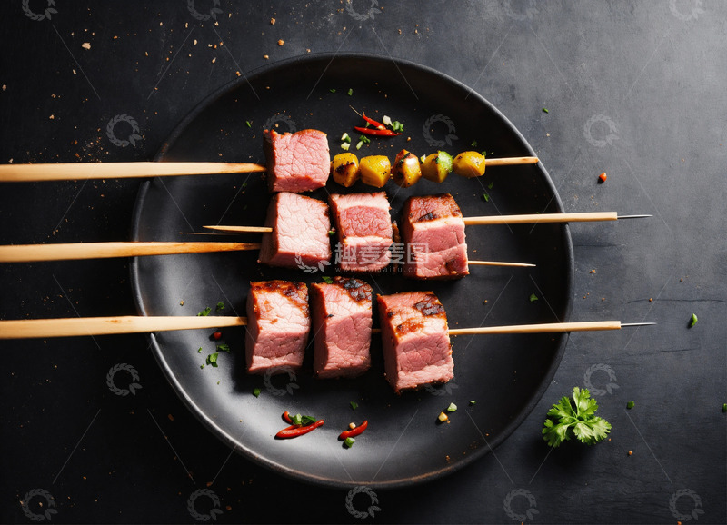 高清大图下载【趣麦麦图】烤肉串签黑背景AI插画海报图片素材3