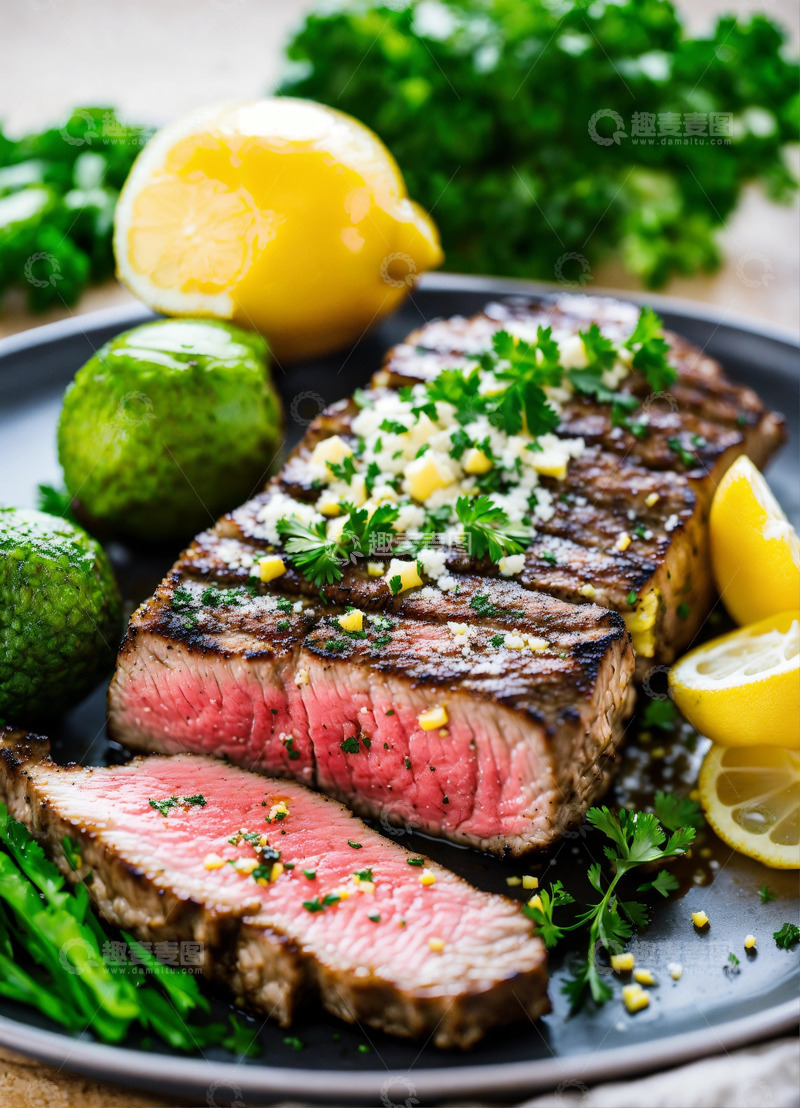 高清大图下载【趣麦麦图】完美生酮烤牛排柠檬黄油酱AI插画海报素材1