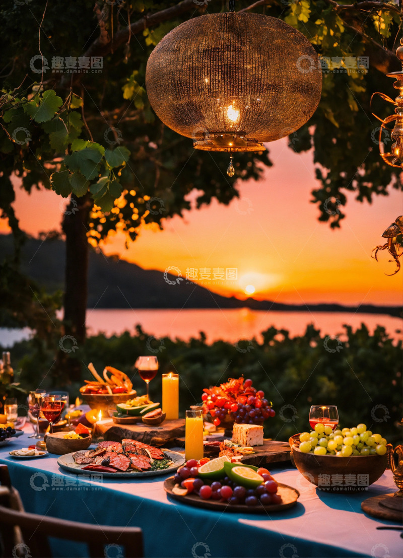 高清大图下载【趣麦麦图】热带岛屿野餐烤肉龙虾鱼子酱AI插画素材3