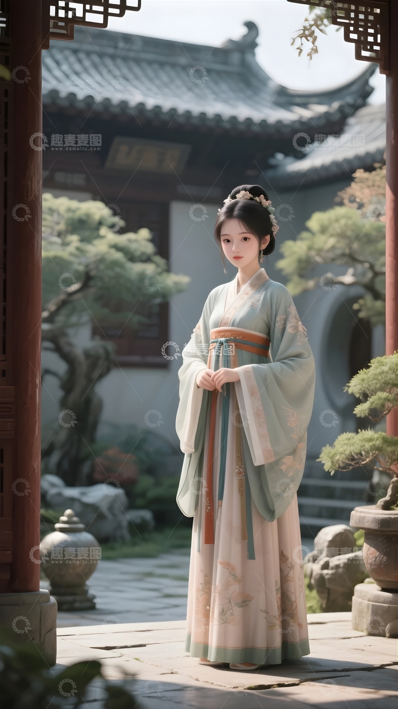 高清大图下载【趣麦麦图】古庭院中的汉服美少女3