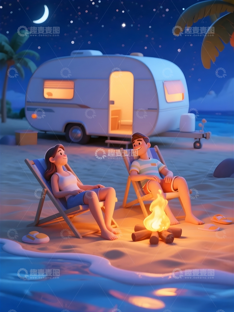 高清大图下载【趣麦麦图】3d卡通露营篝火情侣朋友2