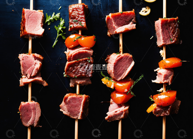 高清大图下载【趣麦麦图】烤肉串签黑背景AI插画海报图片素材2