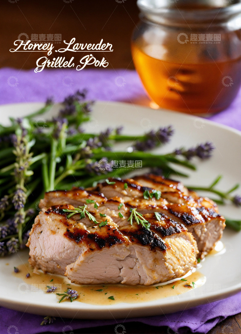 高清大图下载【趣麦麦图】蜂蜜薰衣草烤猪排AI插画高清海报图片素材3