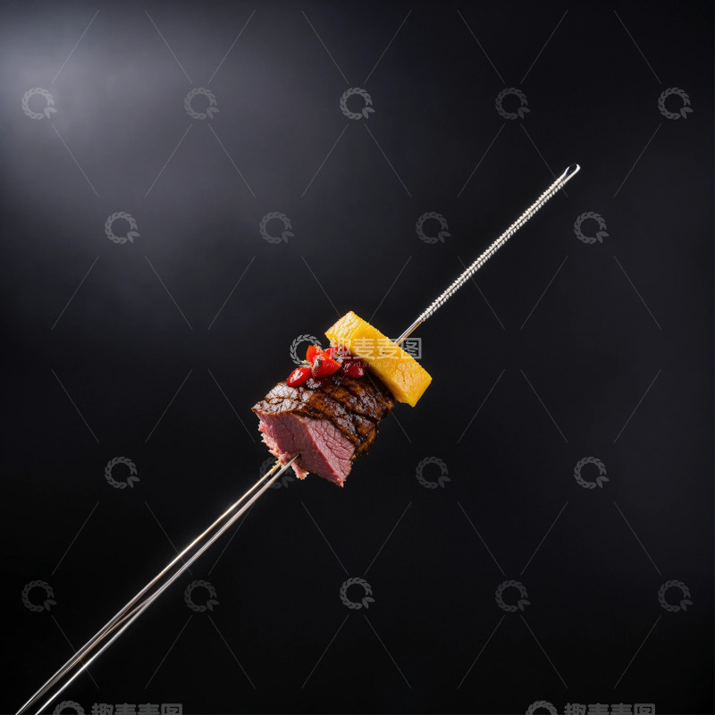 高清大图下载【趣麦麦图】-金属烤肉签穿肉块AI插画素材2