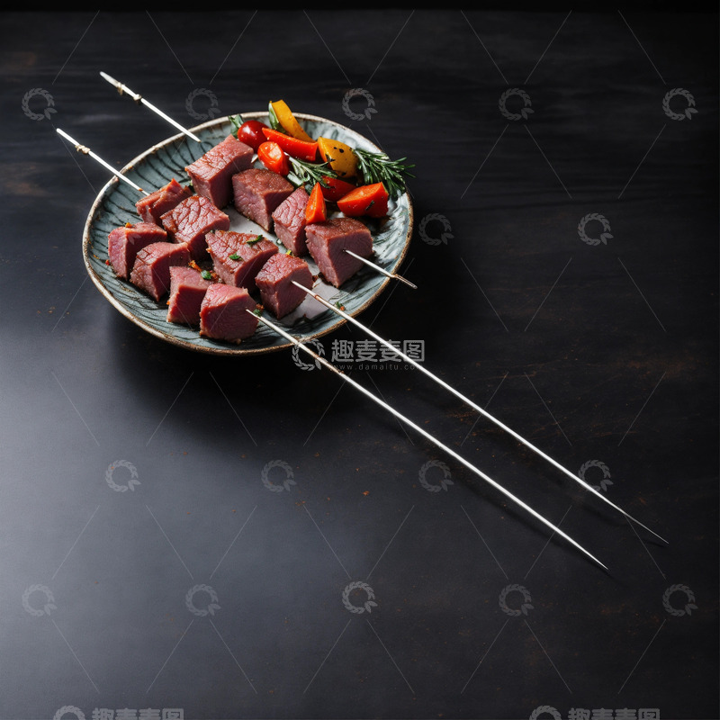 高清大图下载【趣麦麦图】金属烤肉签穿肉块AI插画素材