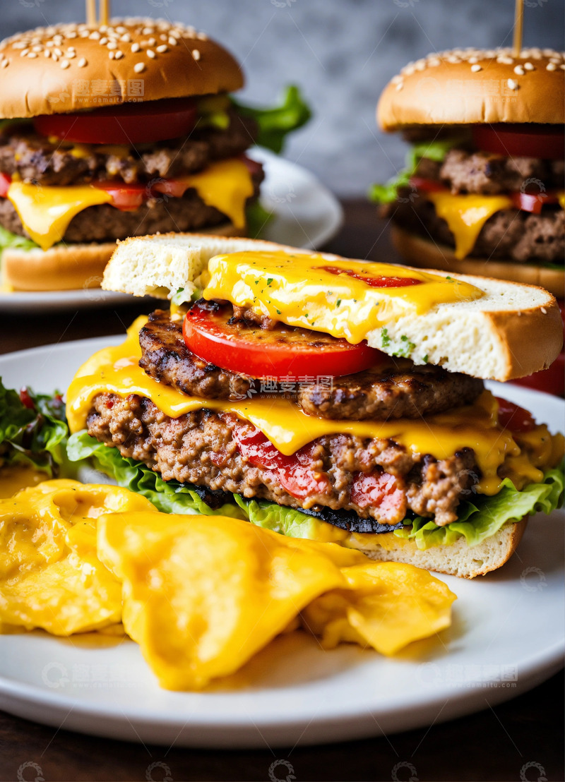 高清大图下载【趣麦麦图】切半芝士汉堡多汁红肉馅盘中AI插画素材3