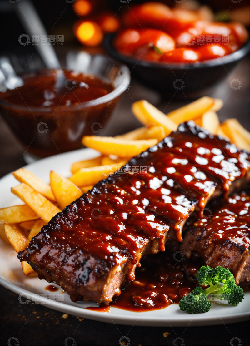 高清大图下载【趣麦麦图】肋排薯条烧烤酱飞溅美食摄影AI插画素材