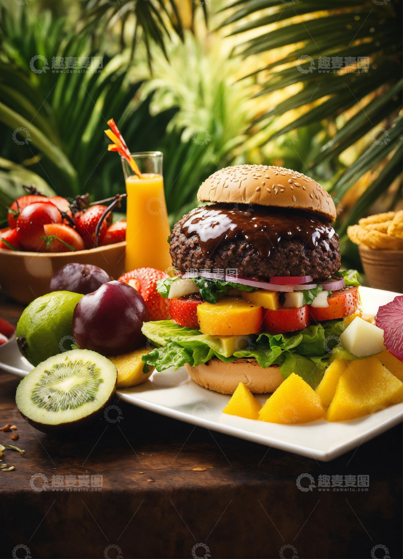 高清大图下载【趣麦麦图】非洲美食热带风情特色汉堡水果AI插画素材
