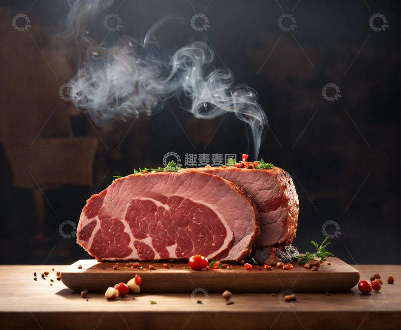 高清大图下载【趣麦麦图】冒烟肉块3D黑板背景AI插画海报图片素材