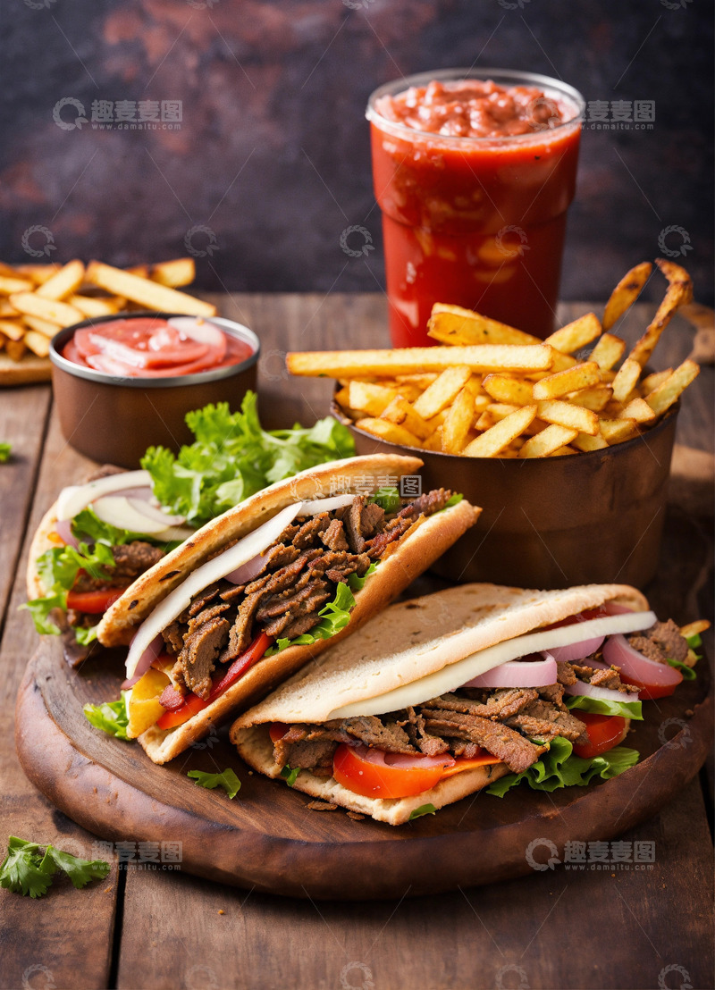高清大图下载【趣麦麦图】烤肉卷饼薯条罐装饮料AI插画海报图片素材2