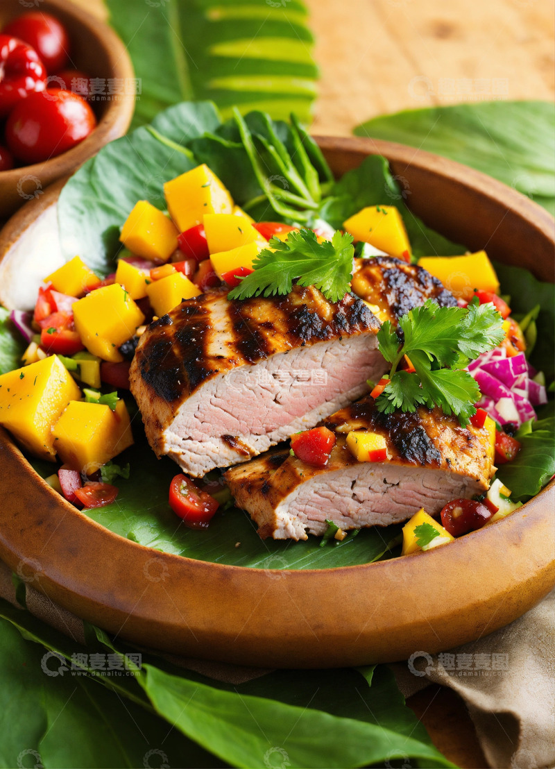 高清大图下载【趣麦麦图】烤鸡猪肉芒果热带风情高级餐厅AI插画1