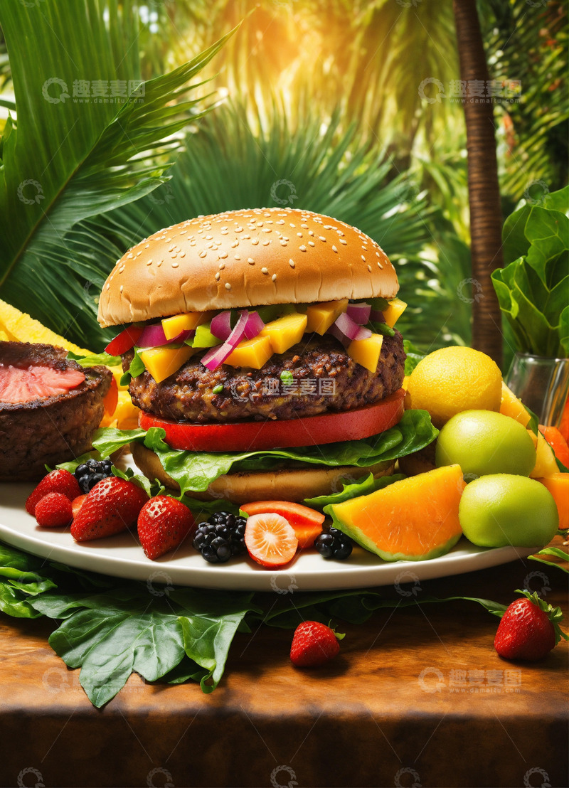 高清大图下载【趣麦麦图】非洲美食热带风情特色汉堡水果AI插画素材2