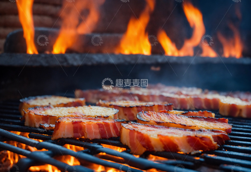 高清大图下载【趣麦麦图】烤架上长条培根炭火蓝橙配色AI插画2