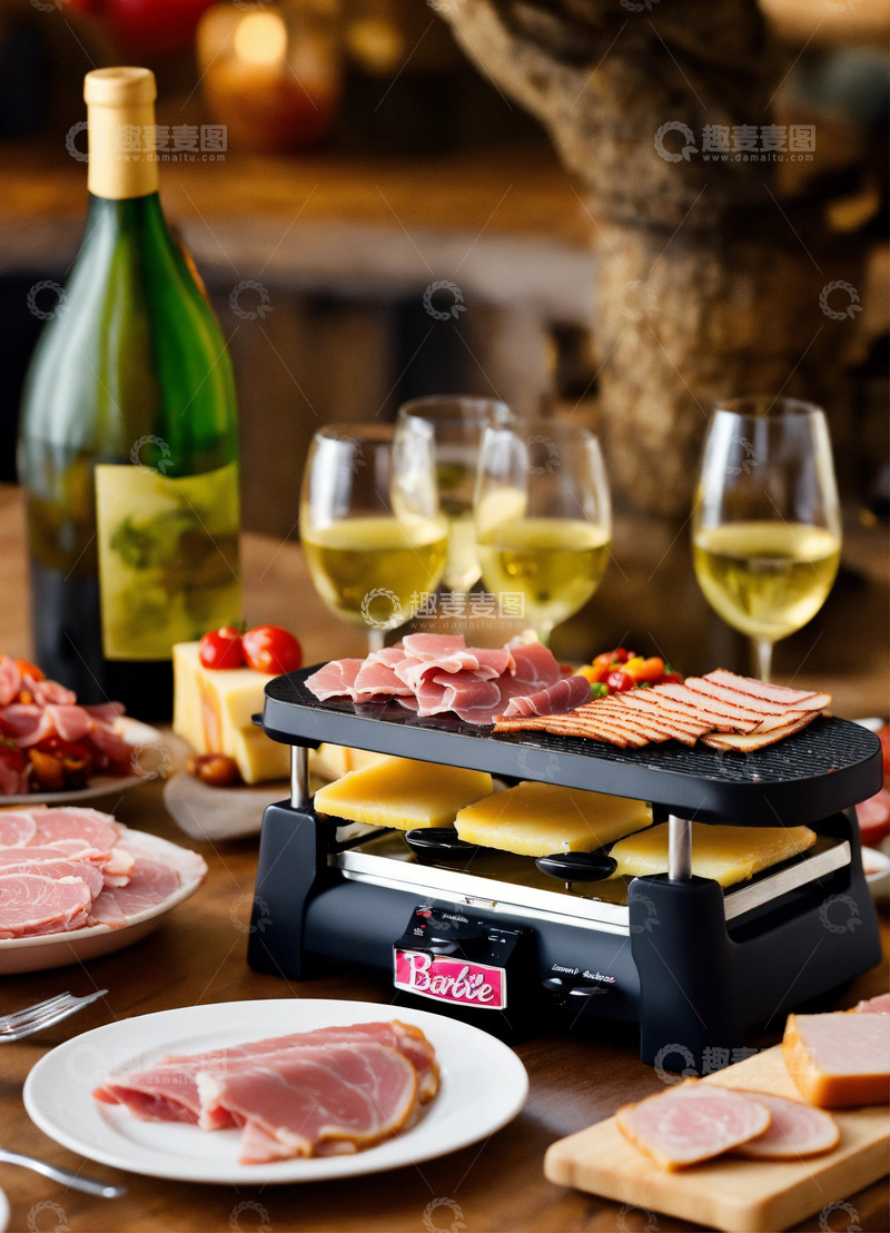高清大图下载【趣麦麦图】奶酪火锅法式餐桌红酒火腿AI插画素材