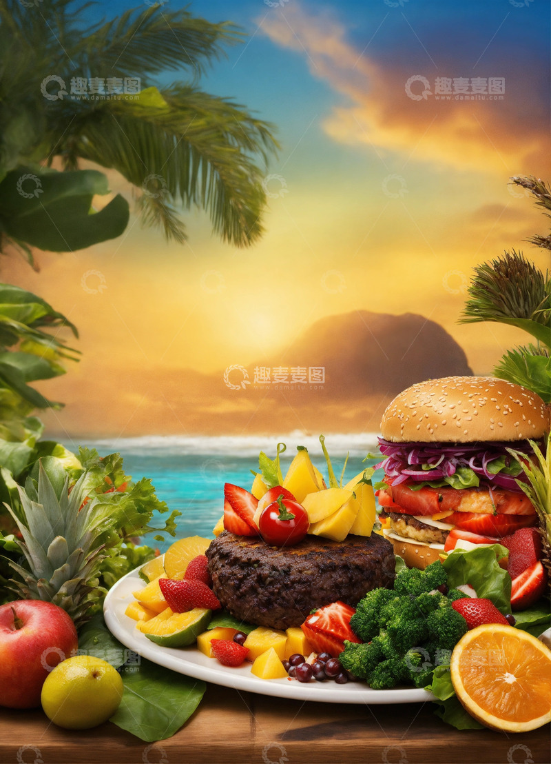 高清大图下载【趣麦麦图】非洲美食热带风情特色汉堡水果AI插画素材1
