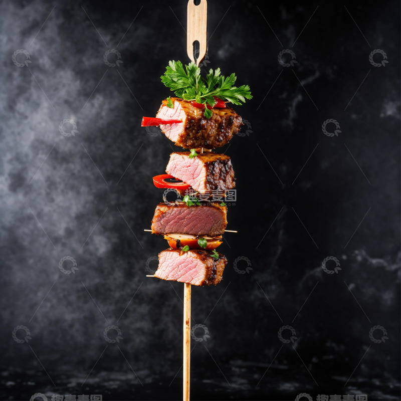 高清大图下载【趣麦麦图】-金属烤肉签穿肉块AI插画素材1