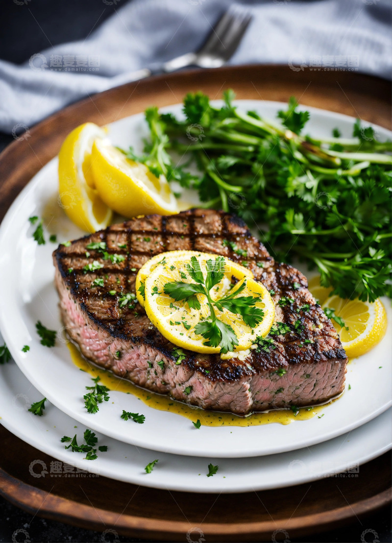 高清大图下载【趣麦麦图】完美生酮烤牛排柠檬黄油酱AI插画海报素材2