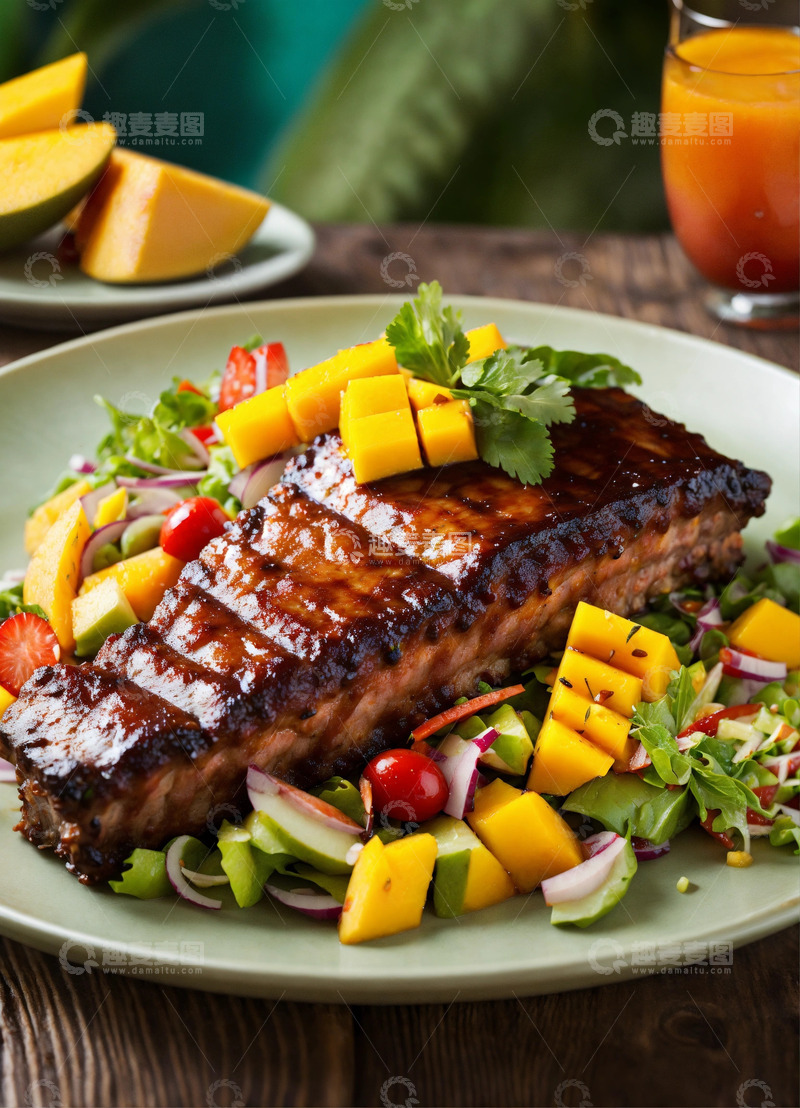 高清大图下载【趣麦麦图】烧烤肋排芒果热带风情高级餐厅AI插画3