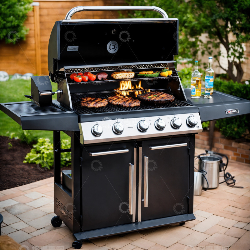 高清大图下载【趣麦麦图】黑色金属烧烤炉不锈钢露台AI插画素材2