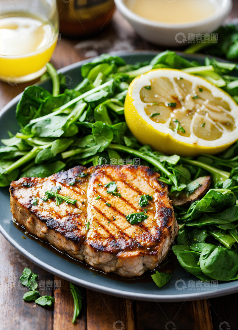 高清大图下载【趣麦麦图】烤猪排柠檬黄油酱配绿色沙拉AI插画素材2