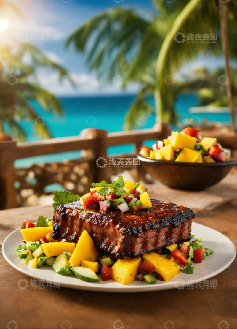 高清大图下载【趣麦麦图】烧烤肋排芒果热带风情高级餐厅AI插画2