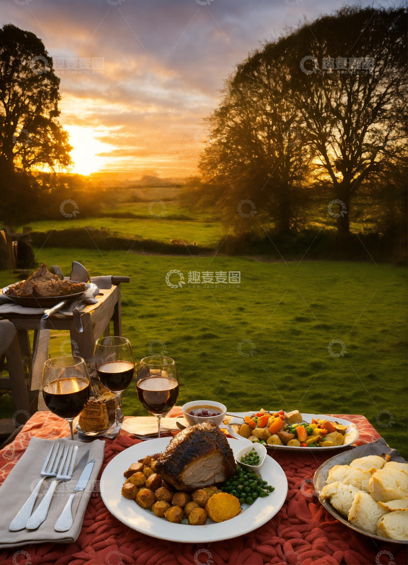 高清大图下载【趣麦麦图】盎格鲁撒克逊烤肉晚餐AI插画海报图片素材1