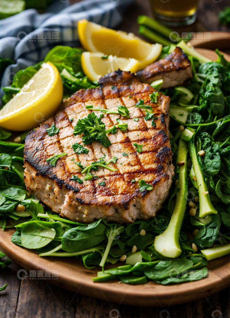 高清大图下载【趣麦麦图】烤猪排柠檬黄油酱配绿色沙拉AI插画素材1