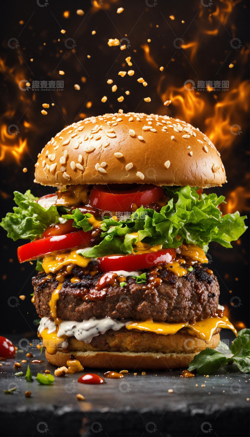 汉堡飞溅番茄酱牛排火焰蒸汽背景AI插画