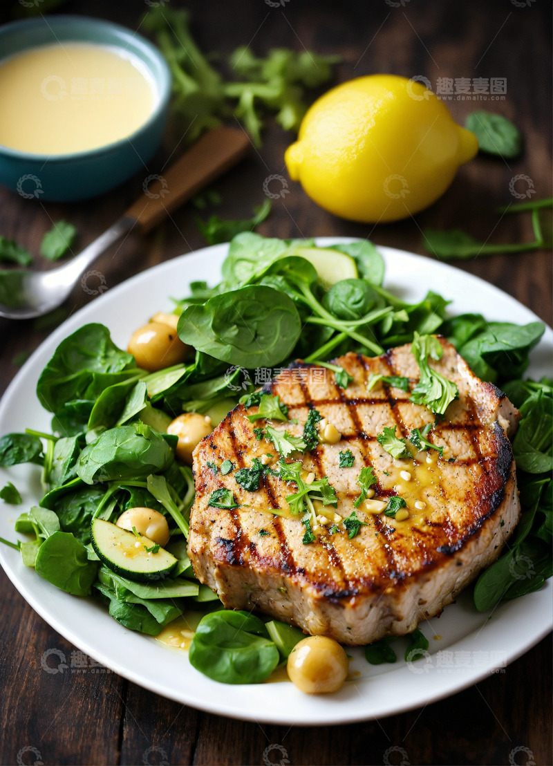 高清大图下载【趣麦麦图】烤猪排柠檬黄油酱配绿色沙拉AI插画素材3