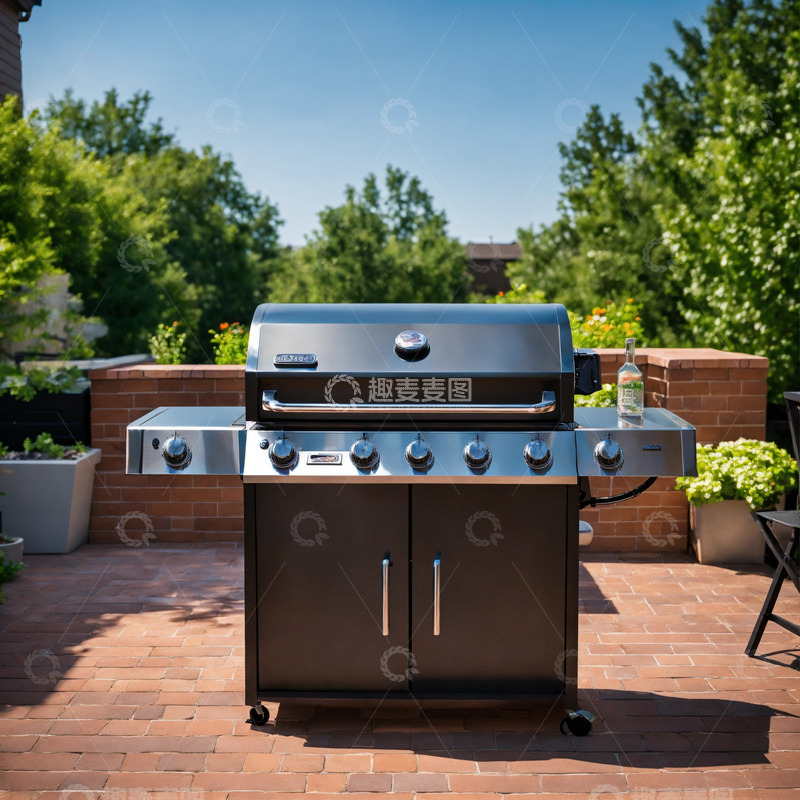 高清大图下载【趣麦麦图】黑色金属烧烤炉不锈钢露台AI插画素材