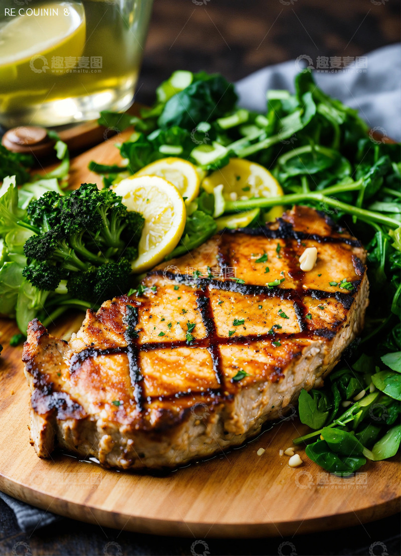 高清大图下载【趣麦麦图】烤猪排柠檬黄油酱配绿色沙拉AI插画素材